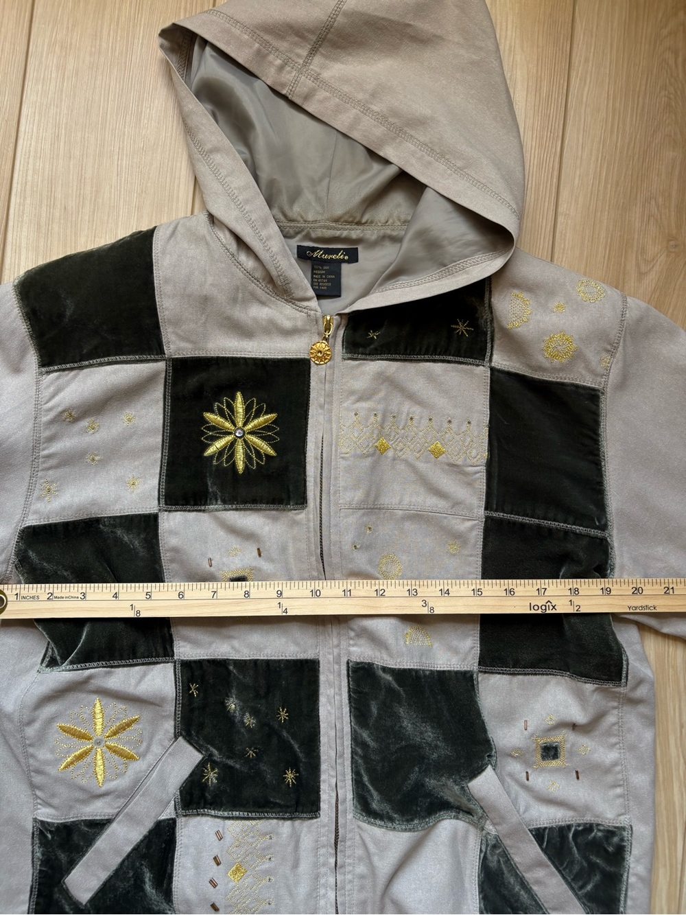 Vintage Celestial Boho Silk Patchwork Hooded Bomber Jacket - Picture 5 of 7